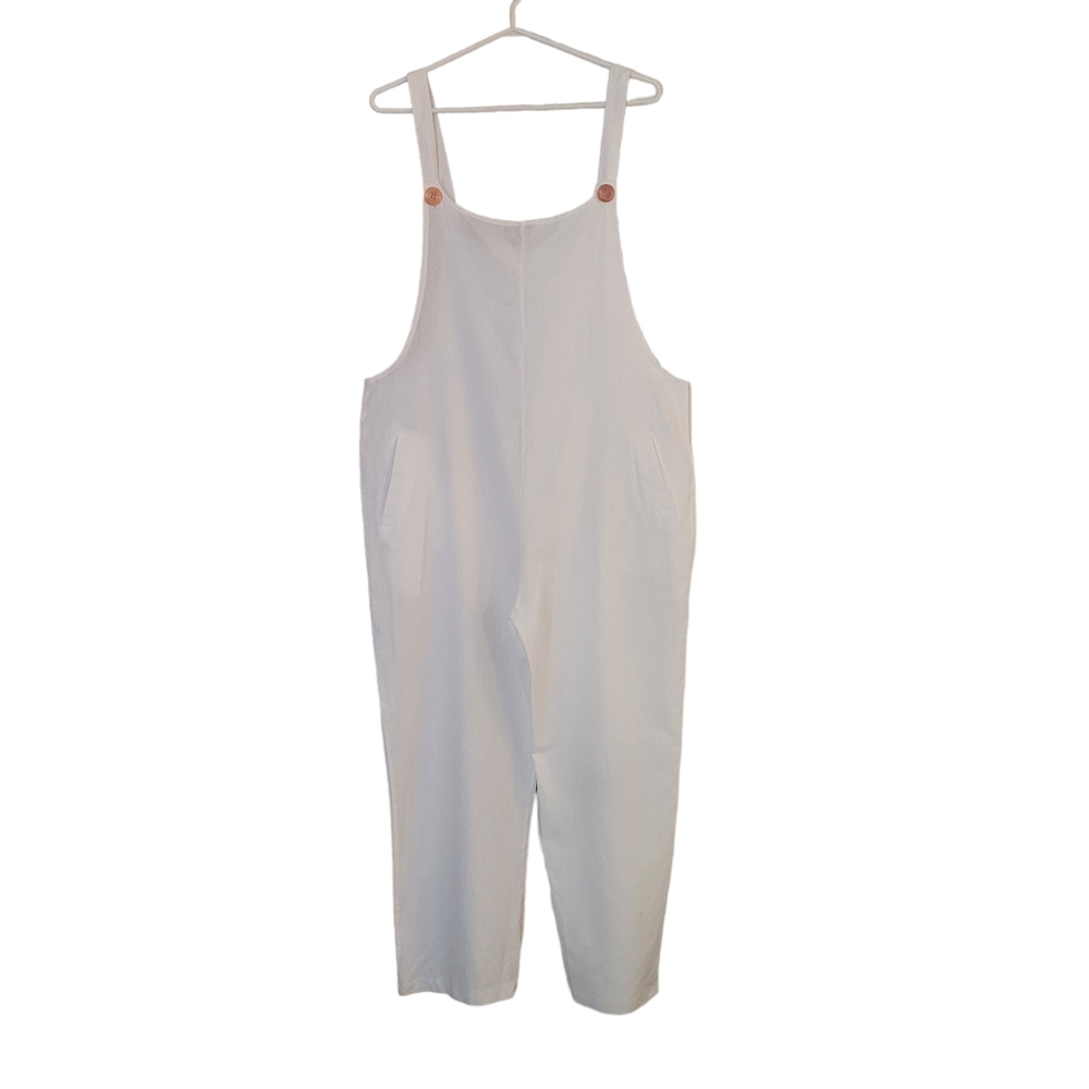 White Cotton Polyester Blend Oversized Overalls with Button Closure Size Medium